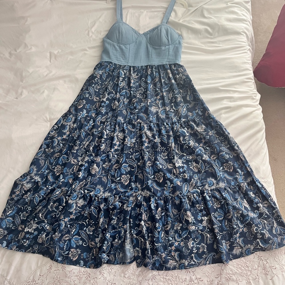 Floral Blue Dress with Sweetheart Bodice